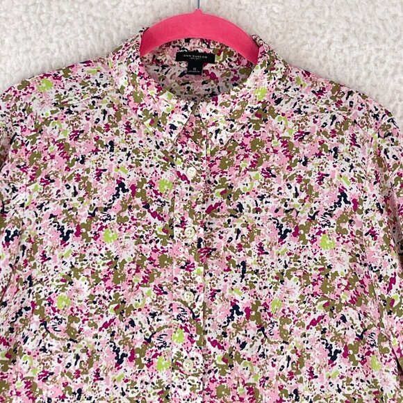 Ann Taylor Pink Floral Print Button-Up Shirt Womens Long Sleeve Collared Size 0 - Picture 2 of 13